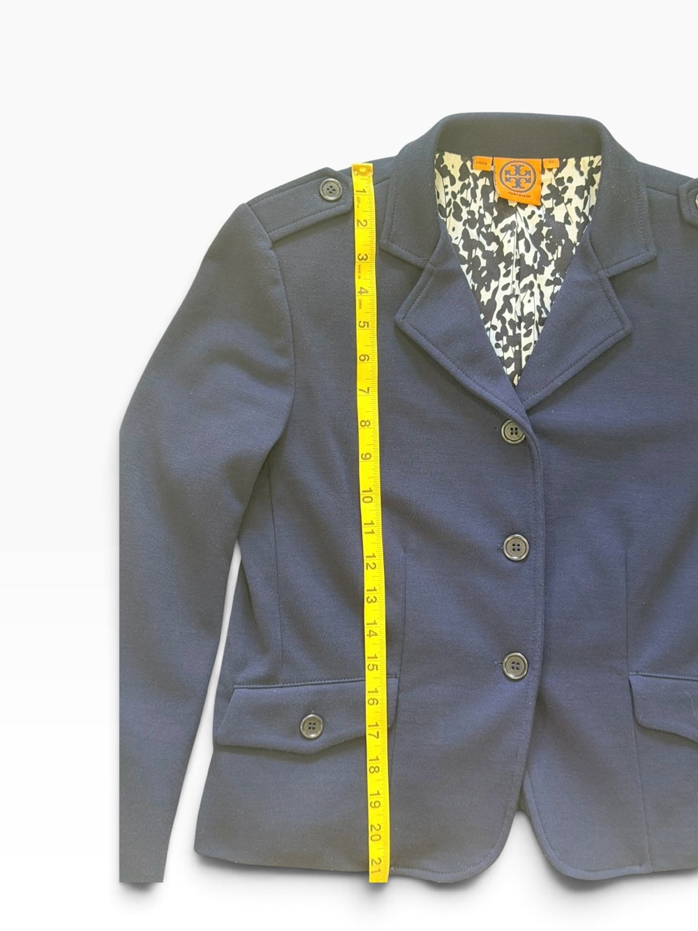 Tory Burch Navy Stretch Knit Military Blazer Jacket XS Printed Lining Epaulets - Picture 8 of 11